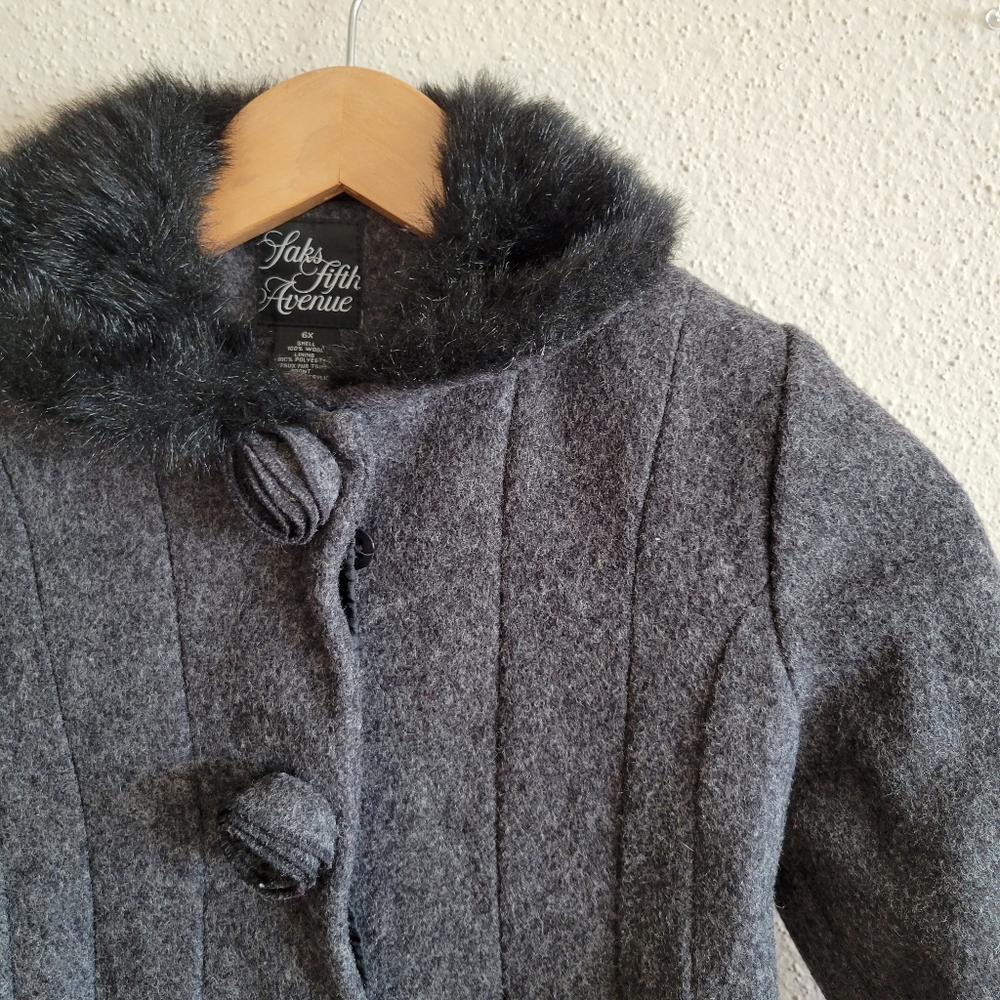 Saks Fifth Avenue Girls Dark Grey Wool Faux Fur Dressy Lined Coat Size 6x